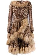 Dolce & Gabbana Feather Trim Leopard-print Dress - Brown