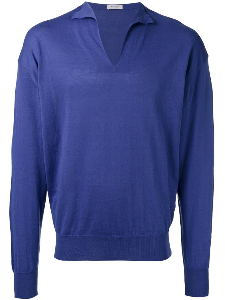 Boglioli V-neck Jumper, Men's, Size: Medium, Blue, Silk/cotton