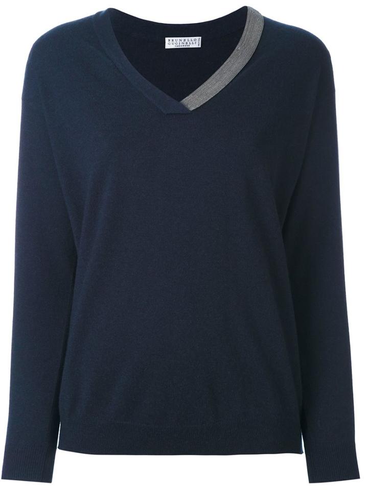 Brunello Cucinelli V-neck Sweater, Women's, Size: Medium, Blue, Cashmere/brass