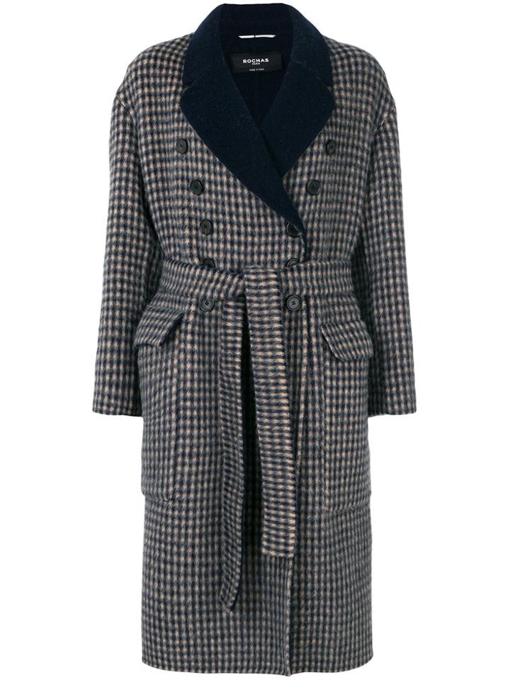 Rochas Checked Belted Double Breasted Coat - Blue