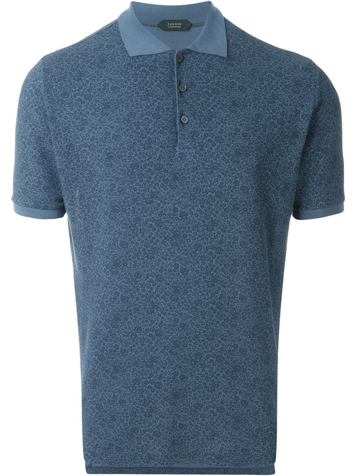 Zanone Floral Print Polo Shirt, Men's, Size: Medium, Blue, Cotton