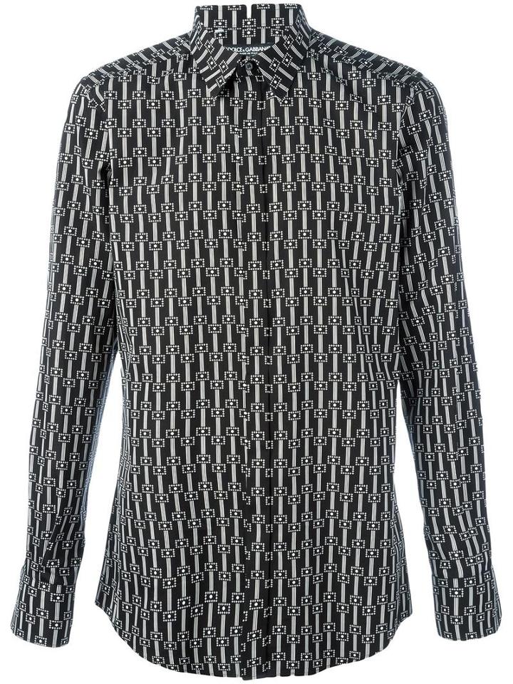 Dolce & Gabbana Geometric Pattern Print Shirt, Men's, Size: 41, Black, Cotton
