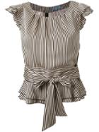Guild Prime Pintriped Tie Waist Ruffle Sleeve Detail Blouse, Women's, Size: 36, Brown, Polyester