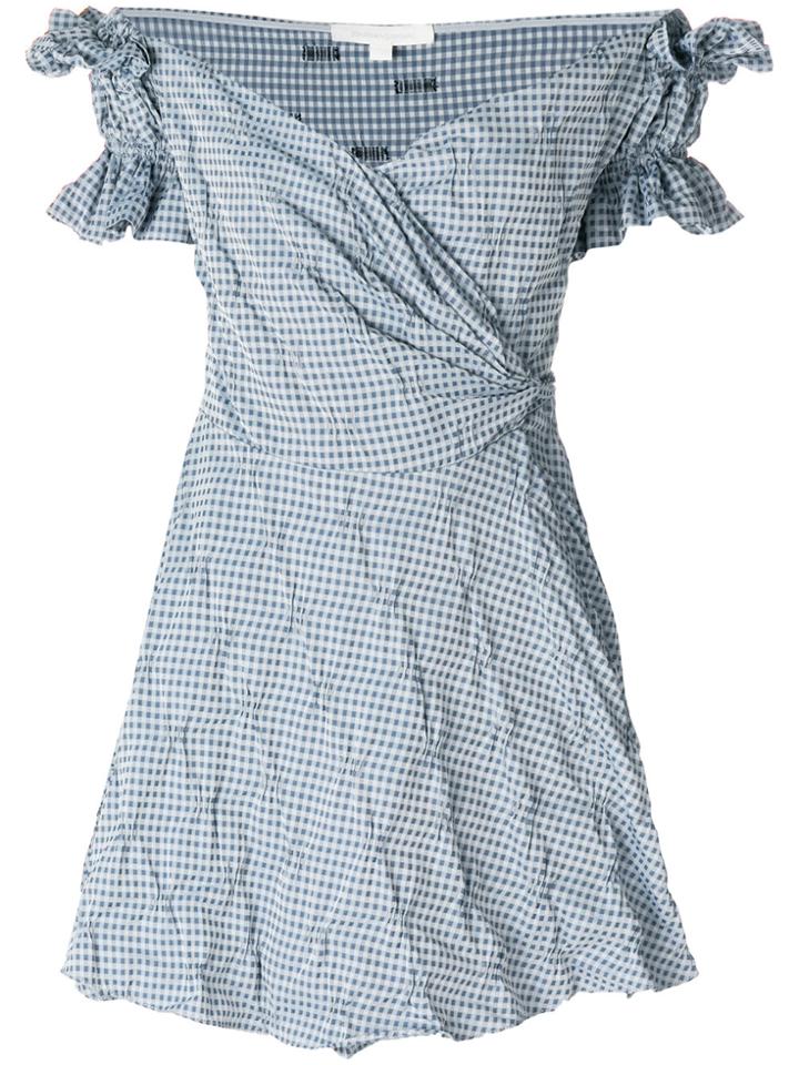 Jonathan Simkhai Smocked Gingham Mini Wrap Off The Shoulder Dress -