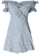 Jonathan Simkhai Smocked Gingham Mini Wrap Off The Shoulder Dress -