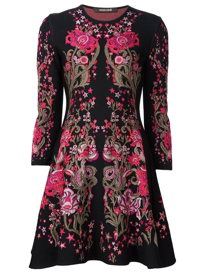 Roberto Cavalli Floral Design Knitted Dress, Women's, Size: 40, Black, Polyester/viscose