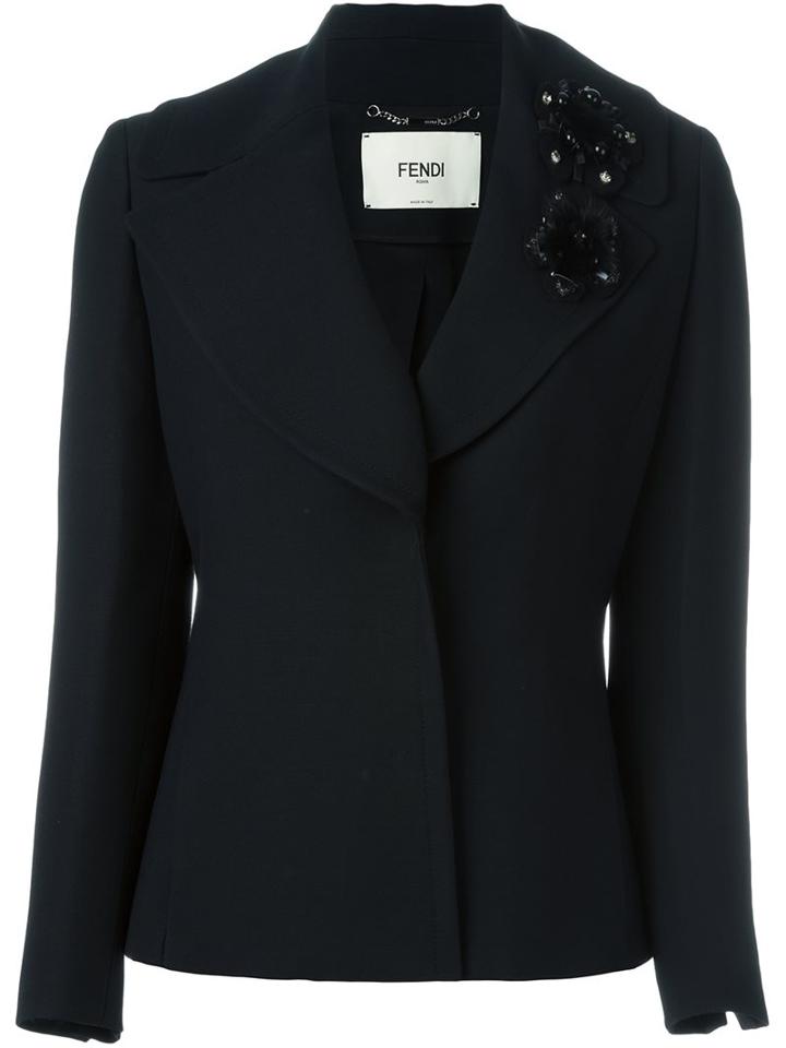 Fendi Flower Appliqué Blazer, Women's, Size: 44, Black, Silk/mink Fur/glass