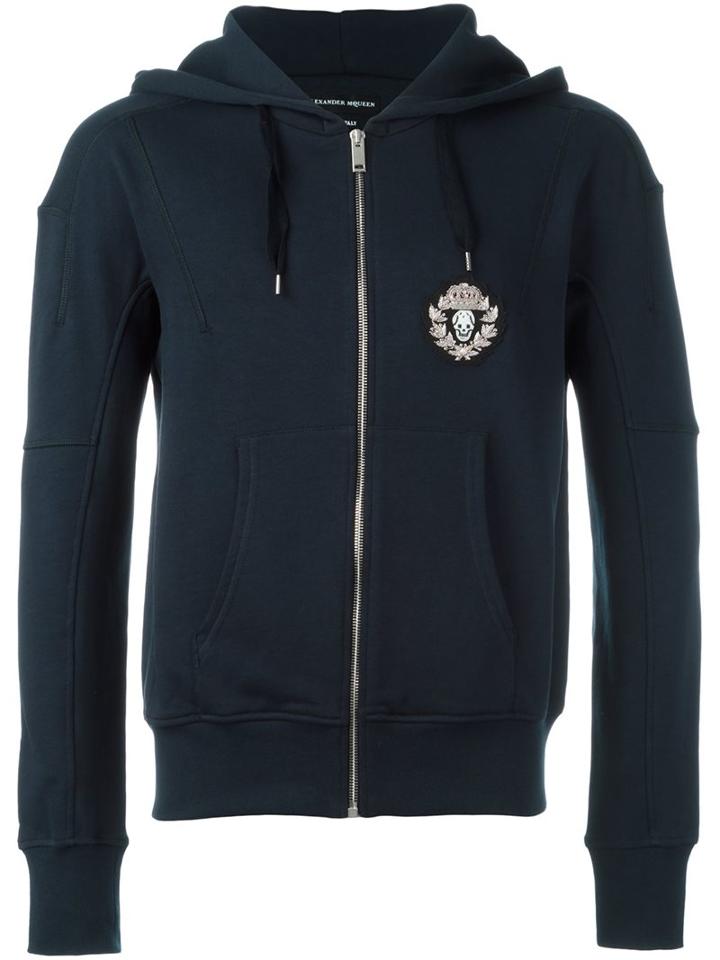 Alexander Mcqueen Skull Patch Hoodie, Men's, Size: Large, Blue, Cotton/polyester/metallic Fibre