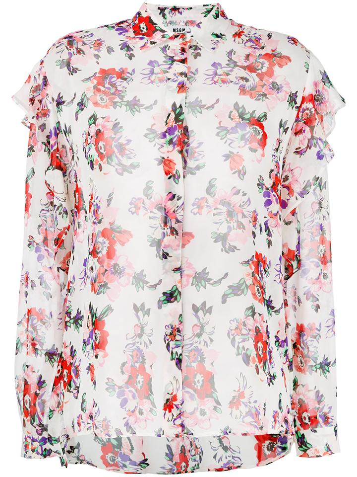 Msgm Floral Print Sheer Shirt, Women's, Size: 42, White, Silk