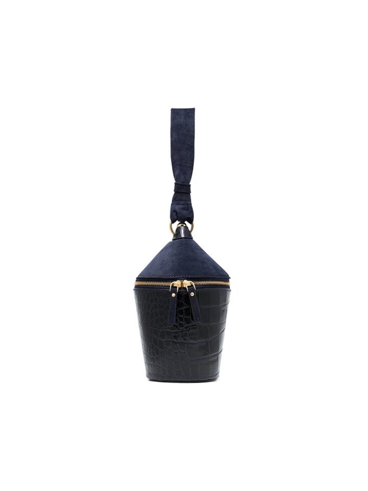 Staud Navy Blue Minnow Crocodile-effect Sude Leather Bucket Bag