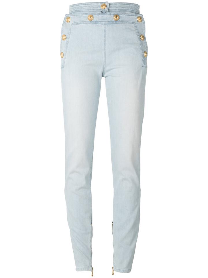 Balmain Decorative Button Skinny Jeans, Women's, Size: 34, Blue, Cotton/spandex/elastane