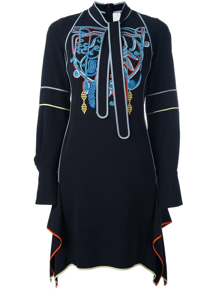 Peter Pilotto Embroidered Neck Tie Dress, Women's, Size: 8, Black, Acetate/viscose/spandex/elastane/polyester
