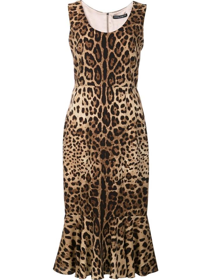 Dolce & Gabbana Leopard Print Peplum Dress, Women's, Size: 42, Brown, Silk/spandex/elastane