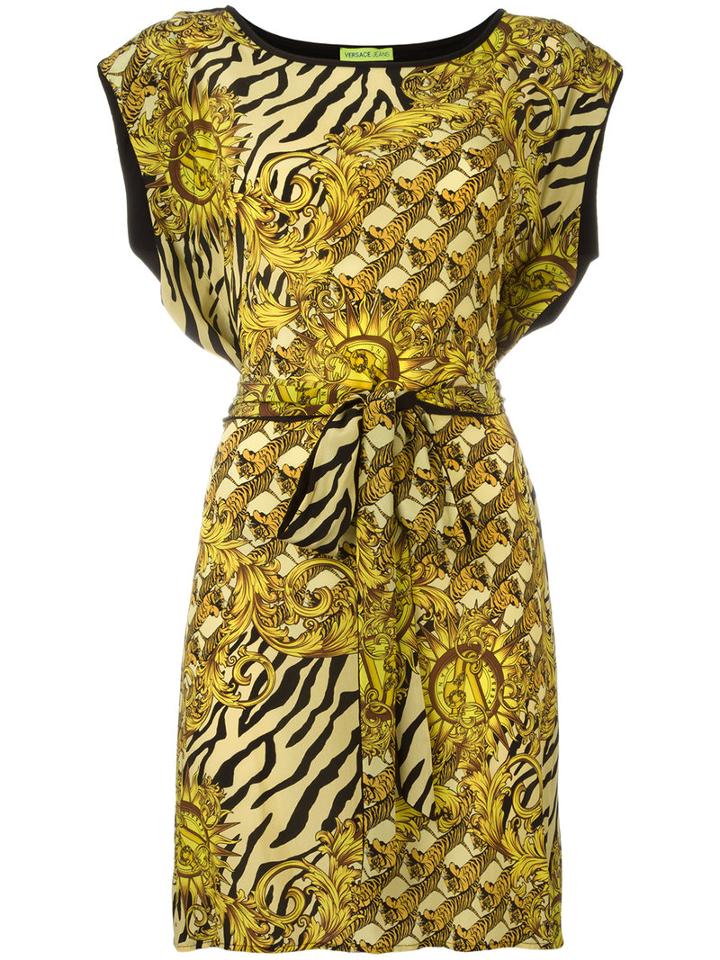 Versace Jeans Printed Belted Dress, Women's, Size: 42, Black, Silk/viscose/polyimide