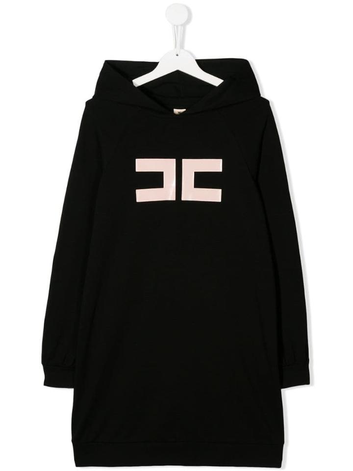 Elisabetta Franchi La Mia Bambina Teen Logo Print Hooded Dress - Black