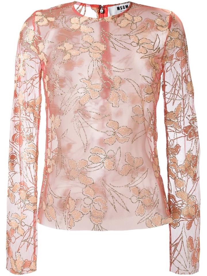 Msgm Sheer Floral Blouse, Women's, Size: 46, Pink/purple, Polyamide/polyester