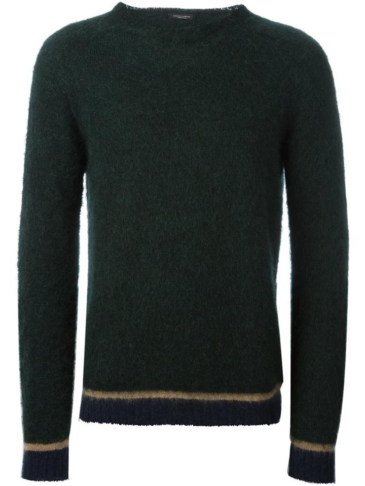 Roberto Collina Crew Neck Sweater, Men's, Size: 50, Green, Nylon/mohair/wool