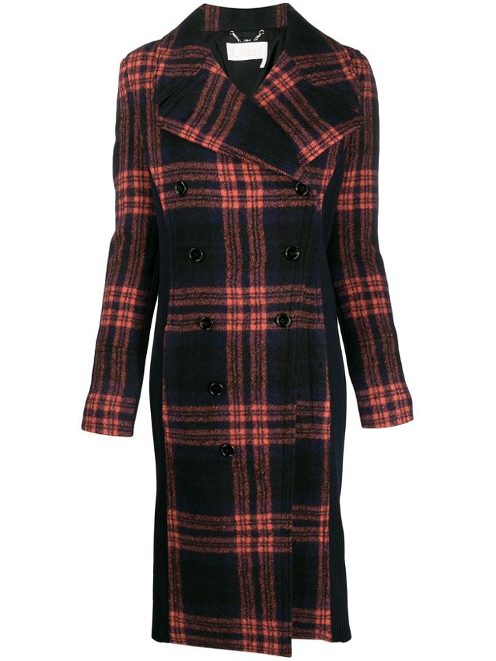 Chloé Check Detail Double Breasted Coat - Blue