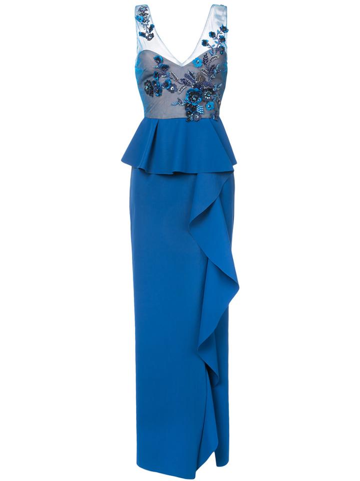 Marchesa Notte Embroidered Sequined Column Gown - Blue