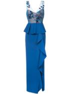 Marchesa Notte Embroidered Sequined Column Gown - Blue