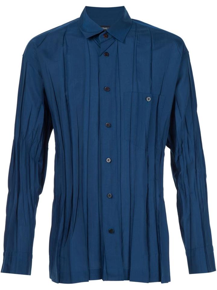 Issey Miyake Men Creased Effect Shirt, Size: 4, Blue, Polyester