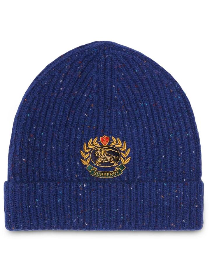 Burberry Embroidered Archive Logo Wool Blend Beanie - Blue