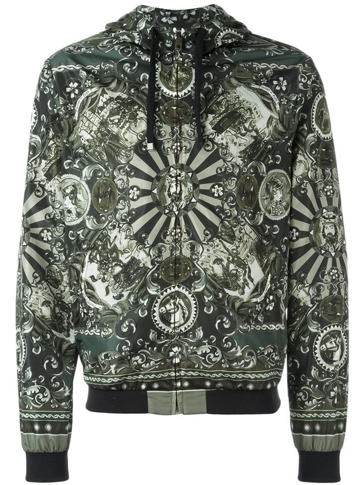Dolce & Gabbana Carretto Siciliano Print Jacket, Men's, Size: 50, Green, Nylon/polyamide