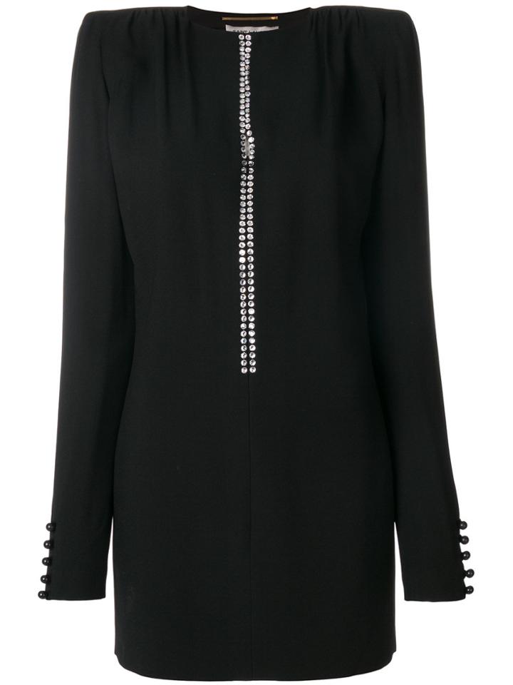 Saint Laurent Sablé Crystal Edge Plunge Mini Dress - Black