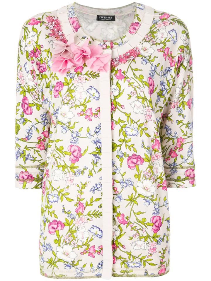 Twin-set Embellished Floral Print Cardigan - Nude & Neutrals