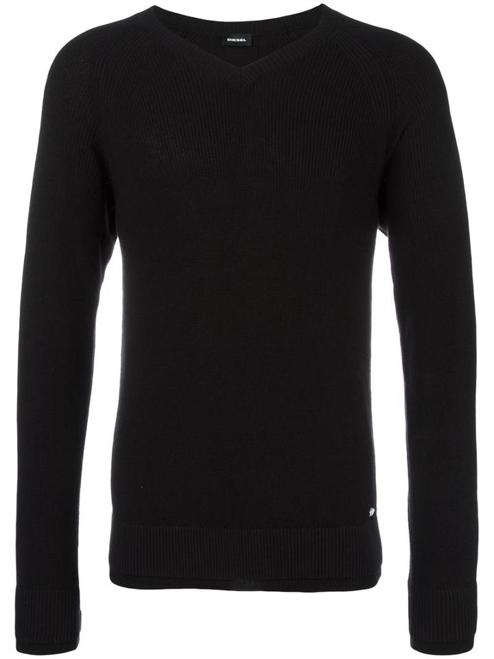 Diesel Ribbed V-neck Jumper, Men's, Size: Medium, Black, Cotton