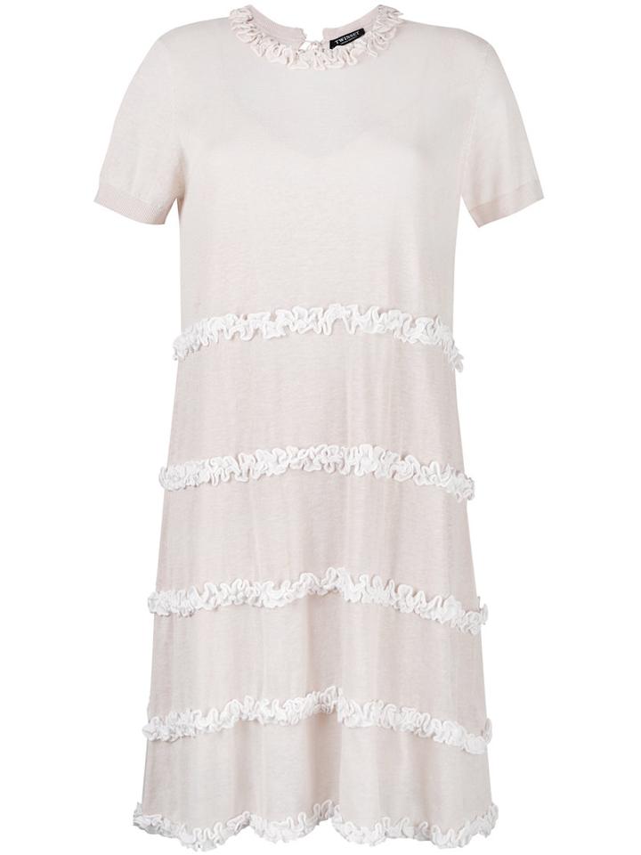 Twin-set Ruffled Detail Flared Dress, Size: Large, Nude/neutrals, Linen/flax/cotton