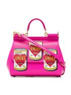 Dolce & Gabbana Pink Sicily Cans Print Leather Shoulder Bag - Pink &
