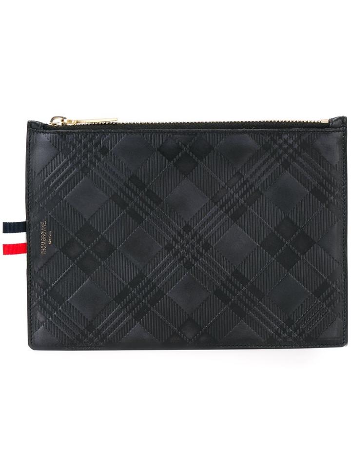 Thom Browne Embossed Plaid Clutch, Men's, Black, Calf Leather