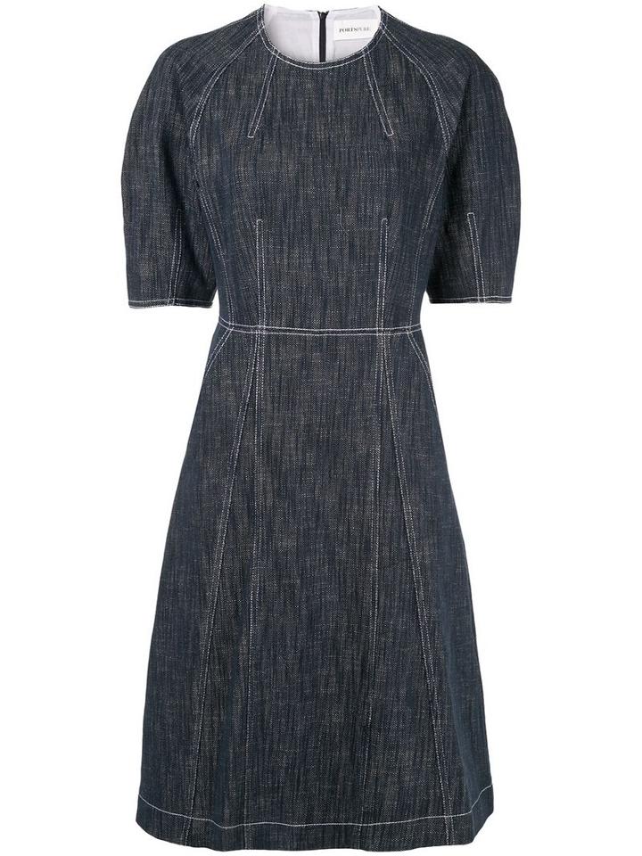 Portspure Contrast Stitching Denim Dress - Blue