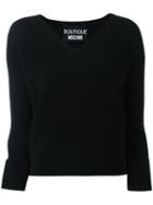 Boutique Moschino Ribbed V-neck Top, Women's, Size: 42, Black, Virgin Wool
