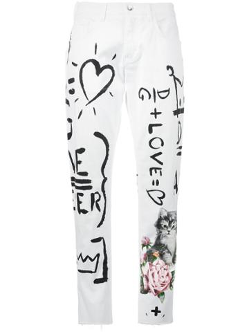 Dolce & Gabbana White Handwritten Print Boyfriend Jeans