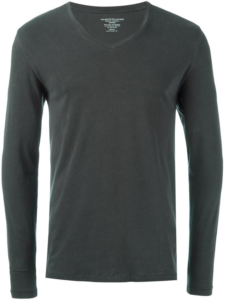 Majestic Filatures Longsleeved V-neck T-shirt, Men's, Size: Large, Grey, Cotton/spandex/elastane