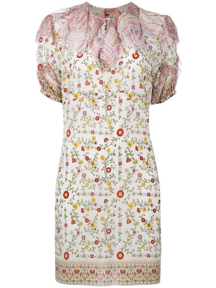 No21 Ruffle Neck Floral Print Dress, Women's, Size: 44, Nude/neutrals, Silk