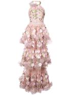 Marchesa Notte Floral-appliquéd Tiered Ruffled Gown - Pink & Purple