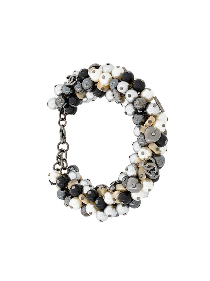 Chanel Vintage Pearls & Heart Logo Articulated Bracelet - Grey