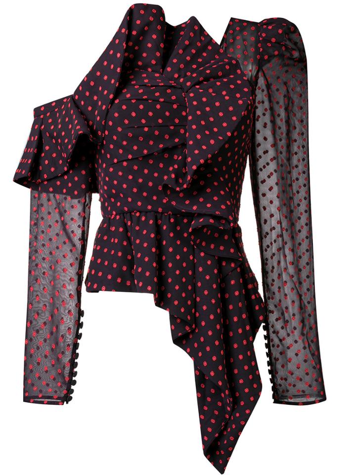 Self-portrait One-shoulder Polka Dot Blouse - Blue