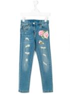 Monnalisa - Rose Patch Distressed Jeans - Kids - Cotton/elastodiene/polyester - 11 Yrs, Blue