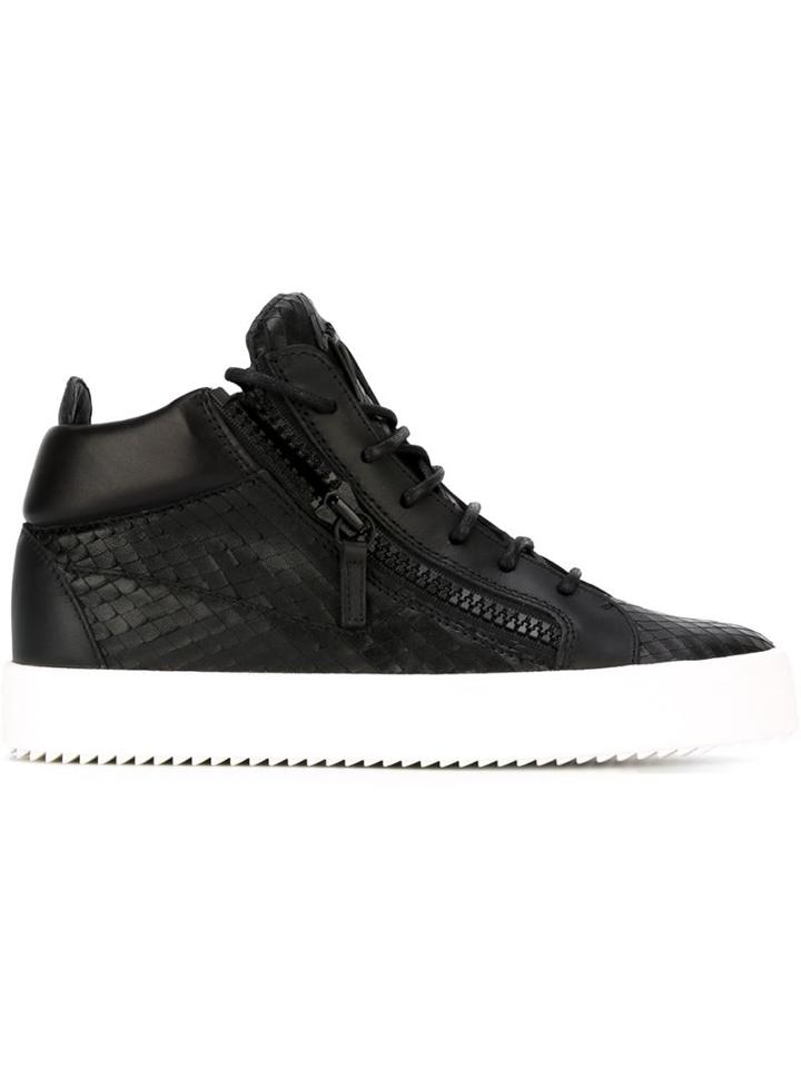 Giuseppe Zanotti Design London Textured Mid-top Sneakers, Women's, Size: 38.5, Black, Leather/rubber