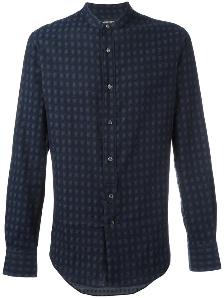 Emporio Armani Band Collar Shirt, Men's, Size: 42, Blue, Cotton/spandex/elastane