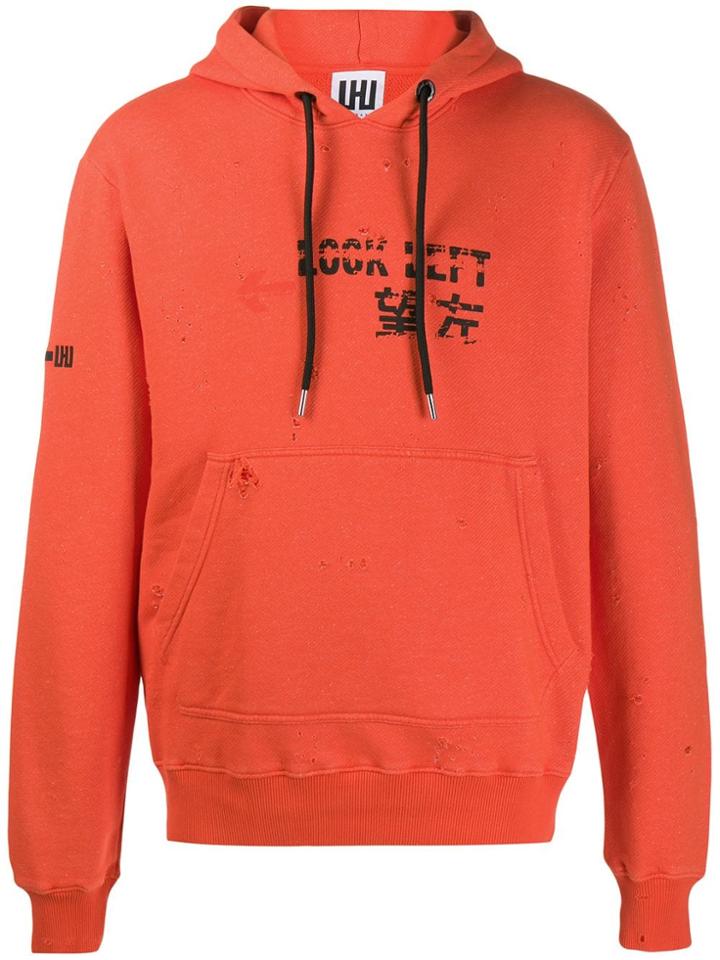 Les Hommes Urban Distressed Logo Hoodie - Orange
