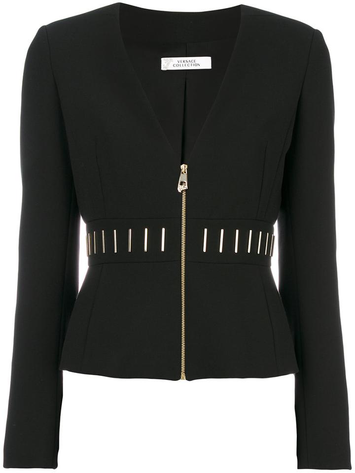 Versace Collection - Zipped Fitted Jacket - Women - Cotton/polyester/spandex/elastane/viscose - 42, Black, Cotton/polyester/spandex/elastane/viscose