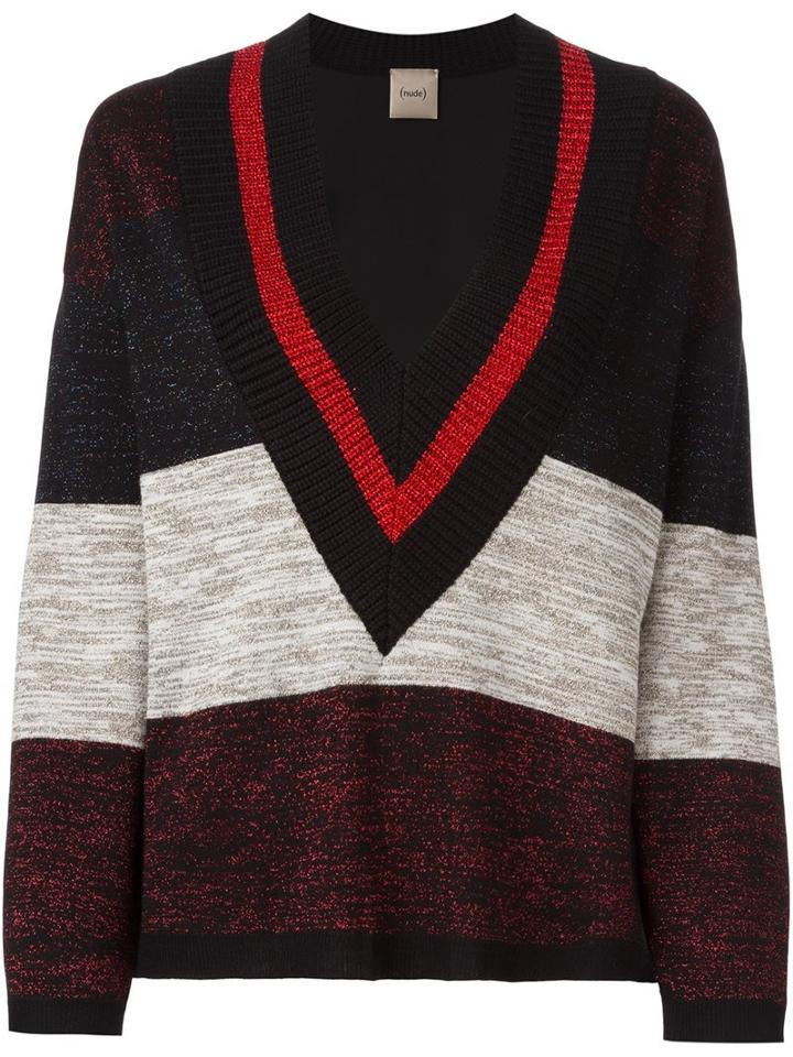 Nude V Neck Striped Jumper, Women's, Size: 38, Black, Acrylic/nylon/polyester/wool