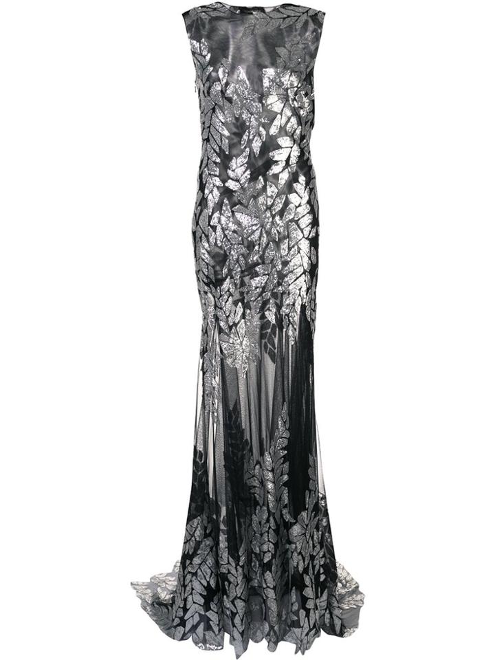 Tadashi Shoji Beaded Floral Sheer Gown - Black