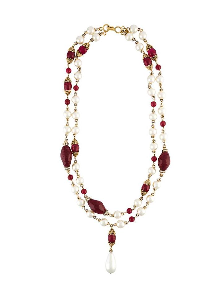 Chanel Vintage Faux Pearl Sautoir Drop Necklace, Women's, Red