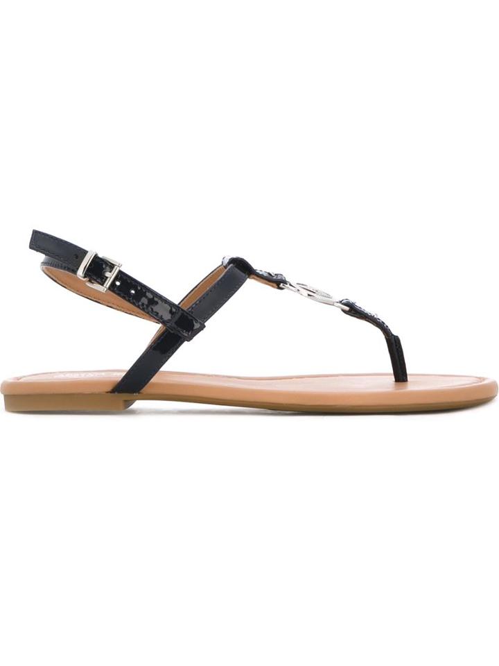 Armani Jeans Logo Plaque Flat Sandals, Women's, Size: 40, Blue, Patent Leather/leather/rubber